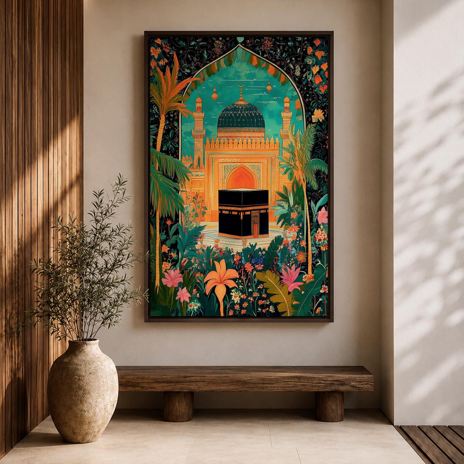 Colorful illustration of the Kaaba at Masjid al-Haram framed by a lush floral arch with palm trees, tropical plants, and vibrant flowers surrounding a decorative mosque courtyard beneath a turquoise sky.