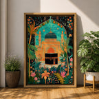 Colorful illustration of the Kaaba at Masjid al-Haram framed by a lush floral arch with palm trees, tropical plants, and vibrant flowers surrounding a decorative mosque courtyard beneath a turquoise sky.