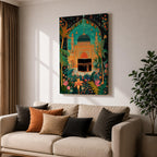Colorful illustration of the Kaaba at Masjid al-Haram framed by a lush floral arch with palm trees, tropical plants, and vibrant flowers surrounding a decorative mosque courtyard beneath a turquoise sky.