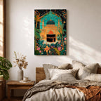 Colorful illustration of the Kaaba at Masjid al-Haram framed by a lush floral arch with palm trees, tropical plants, and vibrant flowers surrounding a decorative mosque courtyard beneath a turquoise sky.