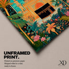 Colorful illustration of the Kaaba at Masjid al-Haram framed by a lush floral arch with palm trees, tropical plants, and vibrant flowers surrounding a decorative mosque courtyard beneath a turquoise sky.