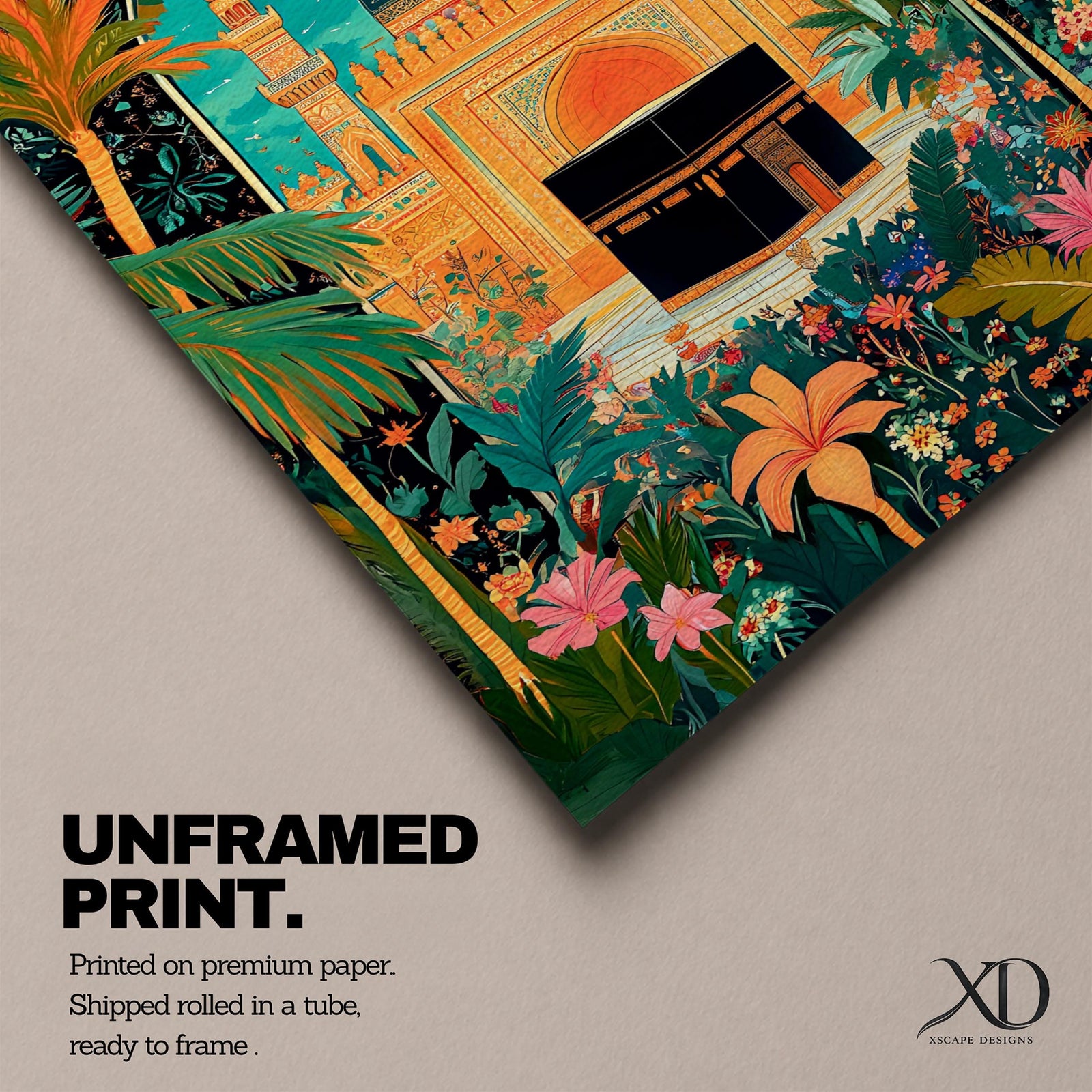 Colorful illustration of the Kaaba at Masjid al-Haram framed by a lush floral arch with palm trees, tropical plants, and vibrant flowers surrounding a decorative mosque courtyard beneath a turquoise sky.