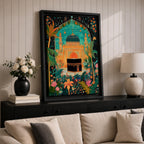 Colorful illustration of the Kaaba at Masjid al-Haram framed by a lush floral arch with palm trees, tropical plants, and vibrant flowers surrounding a decorative mosque courtyard beneath a turquoise sky.