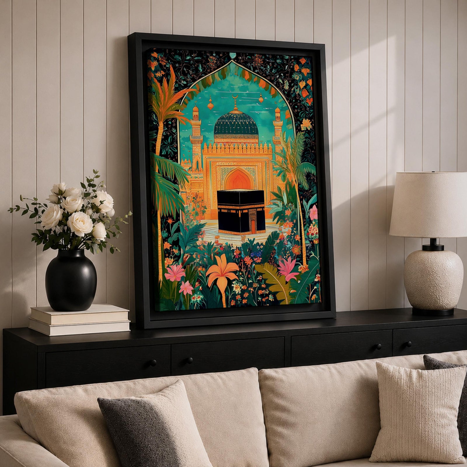 Colorful illustration of the Kaaba at Masjid al-Haram framed by a lush floral arch with palm trees, tropical plants, and vibrant flowers surrounding a decorative mosque courtyard beneath a turquoise sky.