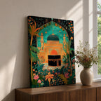 Colorful illustration of the Kaaba at Masjid al-Haram framed by a lush floral arch with palm trees, tropical plants, and vibrant flowers surrounding a decorative mosque courtyard beneath a turquoise sky.