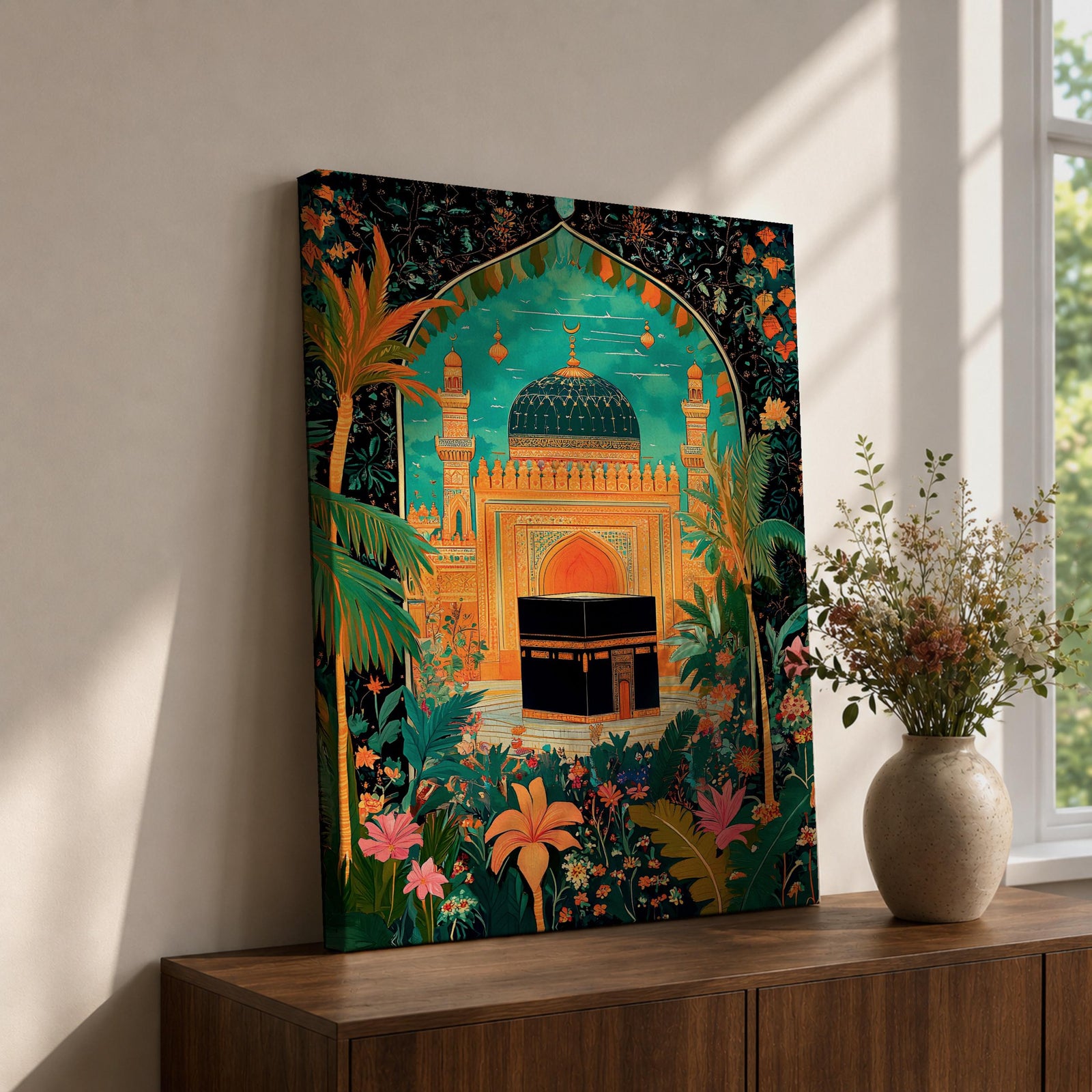 Colorful illustration of the Kaaba at Masjid al-Haram framed by a lush floral arch with palm trees, tropical plants, and vibrant flowers surrounding a decorative mosque courtyard beneath a turquoise sky.