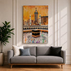 Artwork of the Kaaba in Masjid Al Haram surrounded by thousands of Hajj pilgrims performing tawaf, with tall mosque minarets and the Abraj Al Bait clock tower rising over the Mecca skyline, painted in warm golden tones with expressive modern brush textures capturing the spiritual energy of the sacred pilgrimage.