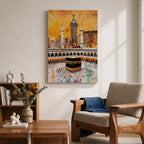 Artwork of the Kaaba in Masjid Al Haram surrounded by thousands of Hajj pilgrims performing tawaf, with tall mosque minarets and the Abraj Al Bait clock tower rising over the Mecca skyline, painted in warm golden tones with expressive modern brush textures capturing the spiritual energy of the sacred pilgrimage.