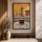 Artwork of the Kaaba in Masjid Al Haram surrounded by thousands of Hajj pilgrims performing tawaf, with tall mosque minarets and the Abraj Al Bait clock tower rising over the Mecca skyline, painted in warm golden tones with expressive modern brush textures capturing the spiritual energy of the sacred pilgrimage.