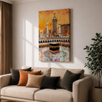 Artwork of the Kaaba in Masjid Al Haram surrounded by thousands of Hajj pilgrims performing tawaf, with tall mosque minarets and the Abraj Al Bait clock tower rising over the Mecca skyline, painted in warm golden tones with expressive modern brush textures capturing the spiritual energy of the sacred pilgrimage.