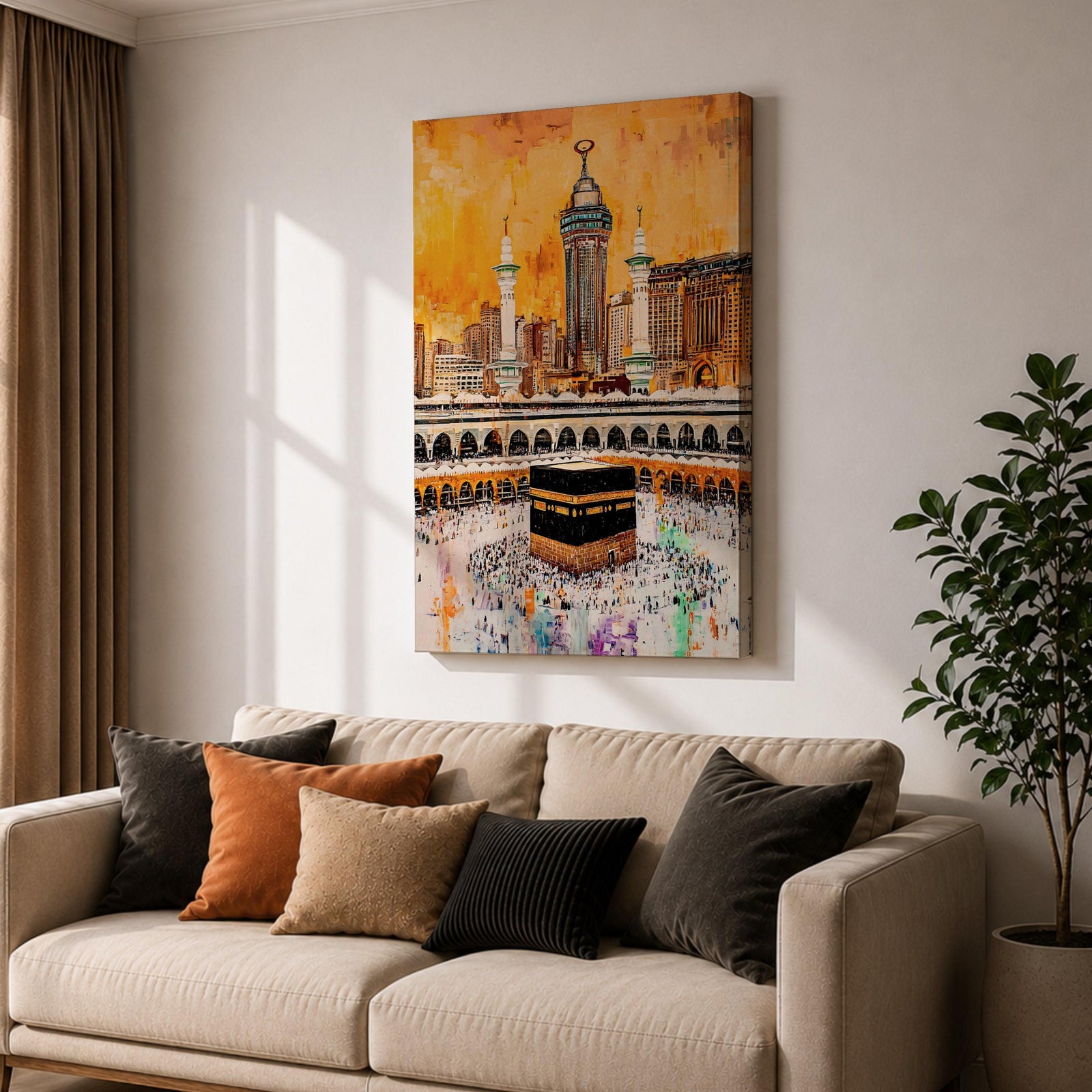 Artwork of the Kaaba in Masjid Al Haram surrounded by thousands of Hajj pilgrims performing tawaf, with tall mosque minarets and the Abraj Al Bait clock tower rising over the Mecca skyline, painted in warm golden tones with expressive modern brush textures capturing the spiritual energy of the sacred pilgrimage.