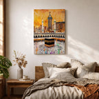 Artwork of the Kaaba in Masjid Al Haram surrounded by thousands of Hajj pilgrims performing tawaf, with tall mosque minarets and the Abraj Al Bait clock tower rising over the Mecca skyline, painted in warm golden tones with expressive modern brush textures capturing the spiritual energy of the sacred pilgrimage.