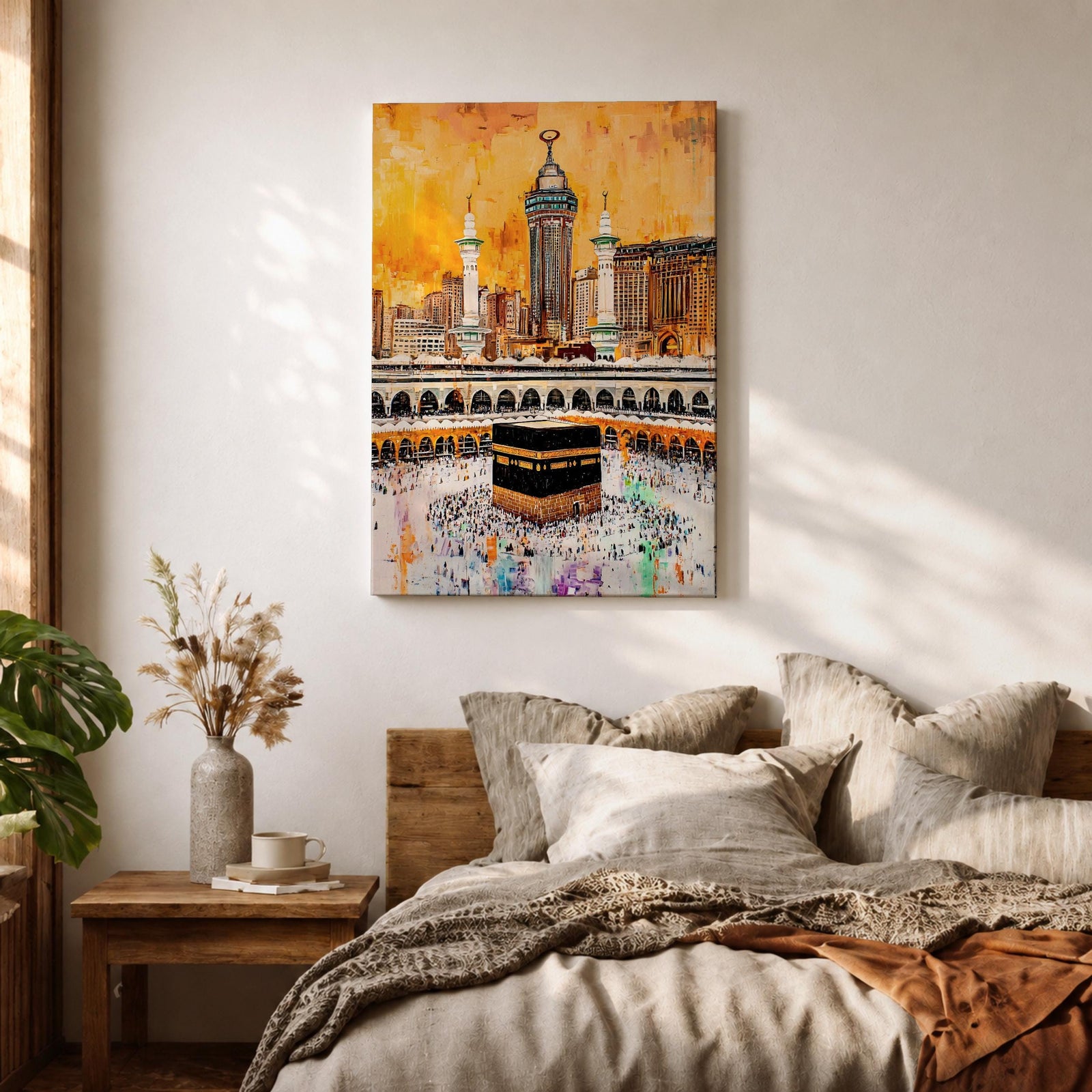Artwork of the Kaaba in Masjid Al Haram surrounded by thousands of Hajj pilgrims performing tawaf, with tall mosque minarets and the Abraj Al Bait clock tower rising over the Mecca skyline, painted in warm golden tones with expressive modern brush textures capturing the spiritual energy of the sacred pilgrimage.
