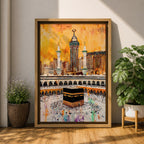 Artwork of the Kaaba in Masjid Al Haram surrounded by thousands of Hajj pilgrims performing tawaf, with tall mosque minarets and the Abraj Al Bait clock tower rising over the Mecca skyline, painted in warm golden tones with expressive modern brush textures capturing the spiritual energy of the sacred pilgrimage.
