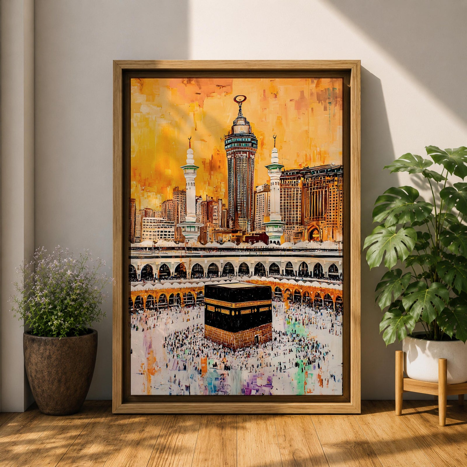 Artwork of the Kaaba in Masjid Al Haram surrounded by thousands of Hajj pilgrims performing tawaf, with tall mosque minarets and the Abraj Al Bait clock tower rising over the Mecca skyline, painted in warm golden tones with expressive modern brush textures capturing the spiritual energy of the sacred pilgrimage.