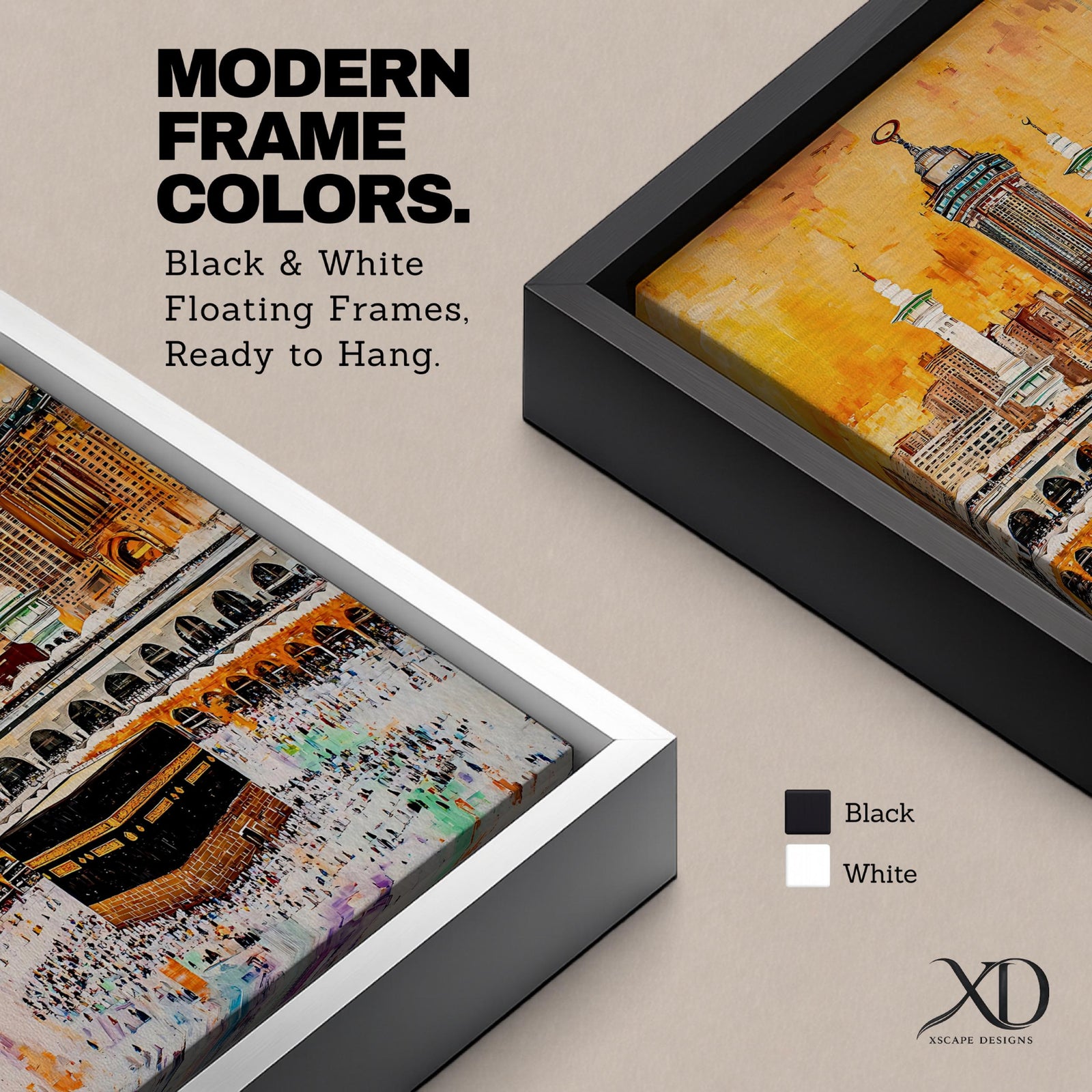 Artwork of the Kaaba in Masjid Al Haram surrounded by thousands of Hajj pilgrims performing tawaf, with tall mosque minarets and the Abraj Al Bait clock tower rising over the Mecca skyline, painted in warm golden tones with expressive modern brush textures capturing the spiritual energy of the sacred pilgrimage.