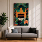 Colorful illustration of the Kaaba at Masjid al-Haram in Mecca framed by a tropical archway with lush palm leaves and flowers under a starry night sky, with pilgrims gathered around the sacred black Kaaba and a golden mosque rising behind it.