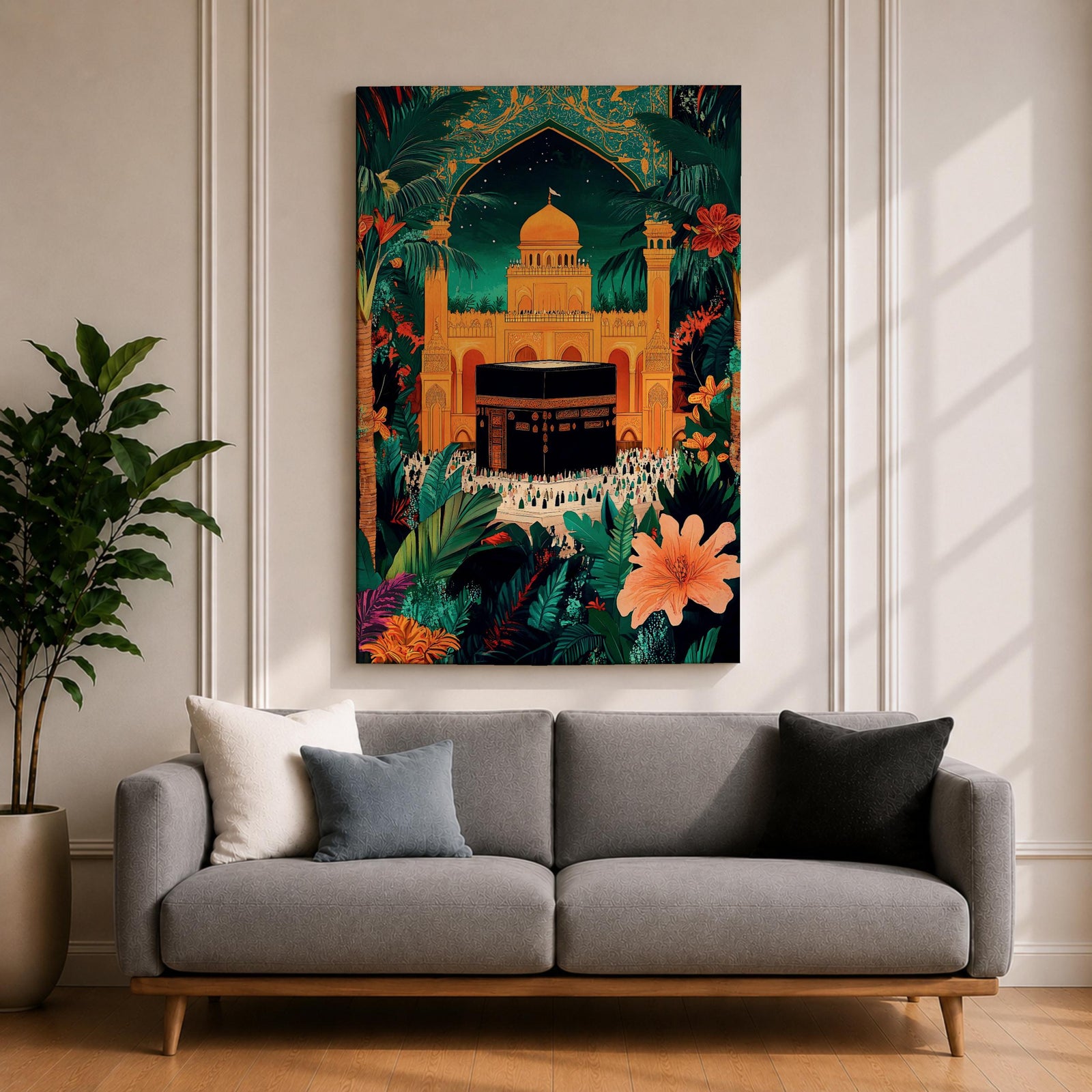 Colorful illustration of the Kaaba at Masjid al-Haram in Mecca framed by a tropical archway with lush palm leaves and flowers under a starry night sky, with pilgrims gathered around the sacred black Kaaba and a golden mosque rising behind it.