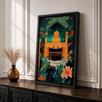 Colorful illustration of the Kaaba at Masjid al-Haram in Mecca framed by a tropical archway with lush palm leaves and flowers under a starry night sky, with pilgrims gathered around the sacred black Kaaba and a golden mosque rising behind it.