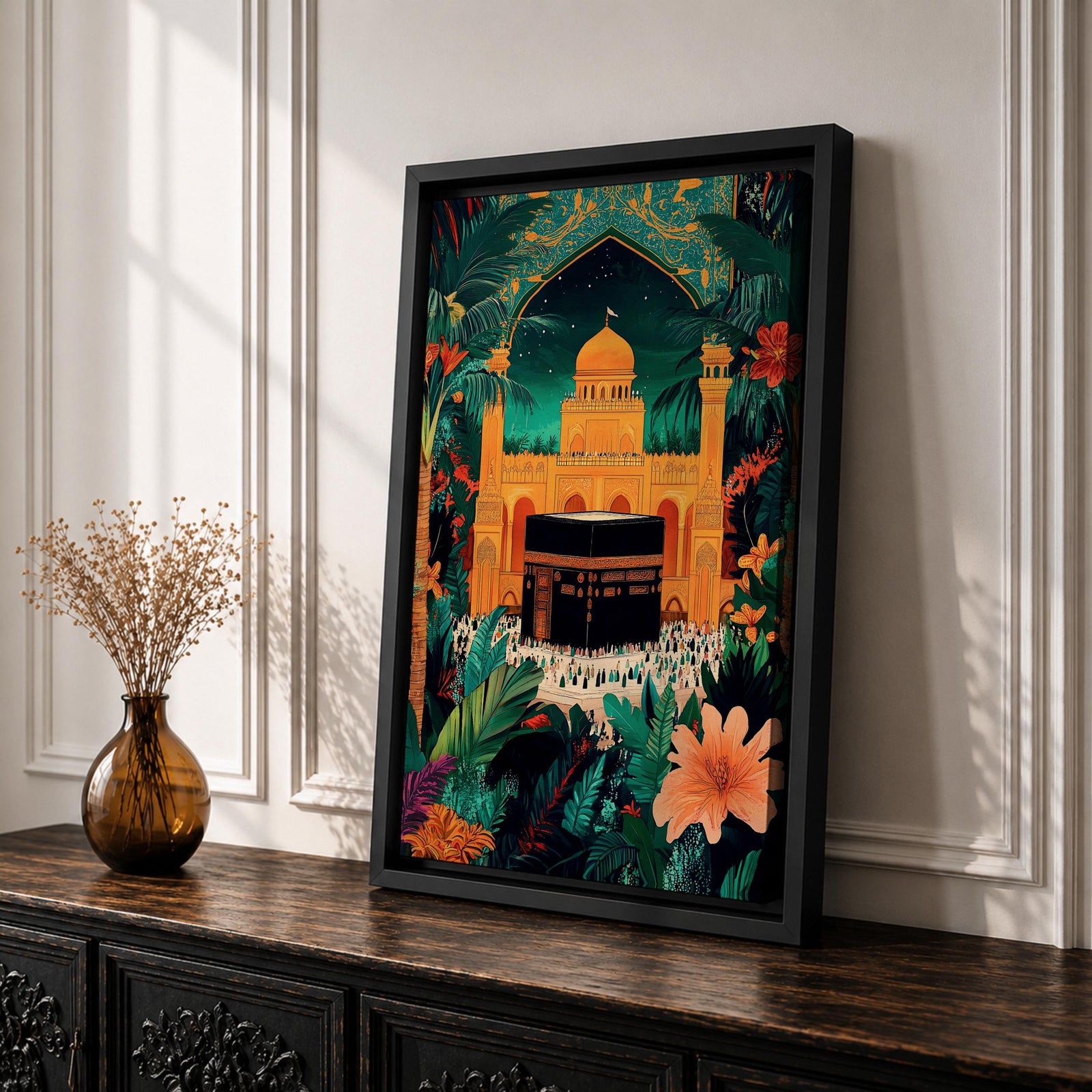 Colorful illustration of the Kaaba at Masjid al-Haram in Mecca framed by a tropical archway with lush palm leaves and flowers under a starry night sky, with pilgrims gathered around the sacred black Kaaba and a golden mosque rising behind it.