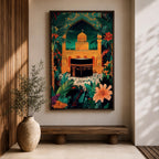 Colorful illustration of the Kaaba at Masjid al-Haram in Mecca framed by a tropical archway with lush palm leaves and flowers under a starry night sky, with pilgrims gathered around the sacred black Kaaba and a golden mosque rising behind it.