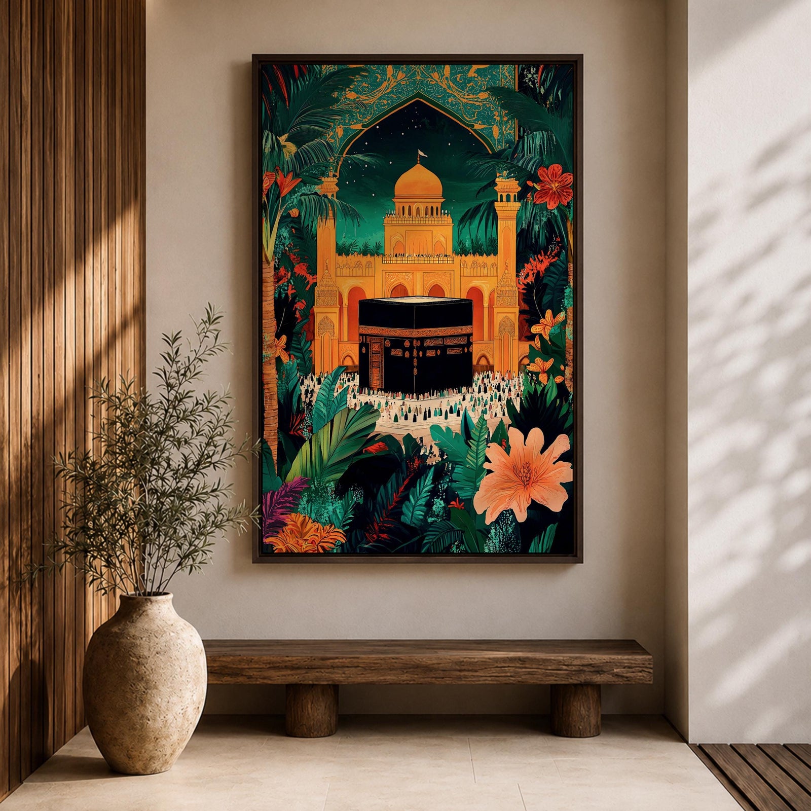 Colorful illustration of the Kaaba at Masjid al-Haram in Mecca framed by a tropical archway with lush palm leaves and flowers under a starry night sky, with pilgrims gathered around the sacred black Kaaba and a golden mosque rising behind it.