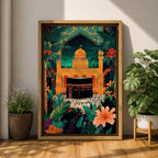 Colorful illustration of the Kaaba at Masjid al-Haram in Mecca framed by a tropical archway with lush palm leaves and flowers under a starry night sky, with pilgrims gathered around the sacred black Kaaba and a golden mosque rising behind it.
