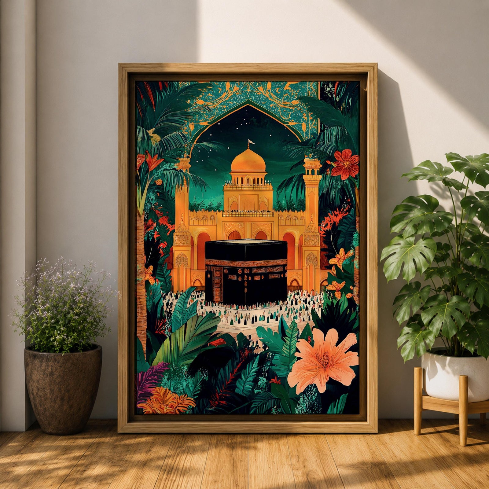 Colorful illustration of the Kaaba at Masjid al-Haram in Mecca framed by a tropical archway with lush palm leaves and flowers under a starry night sky, with pilgrims gathered around the sacred black Kaaba and a golden mosque rising behind it.