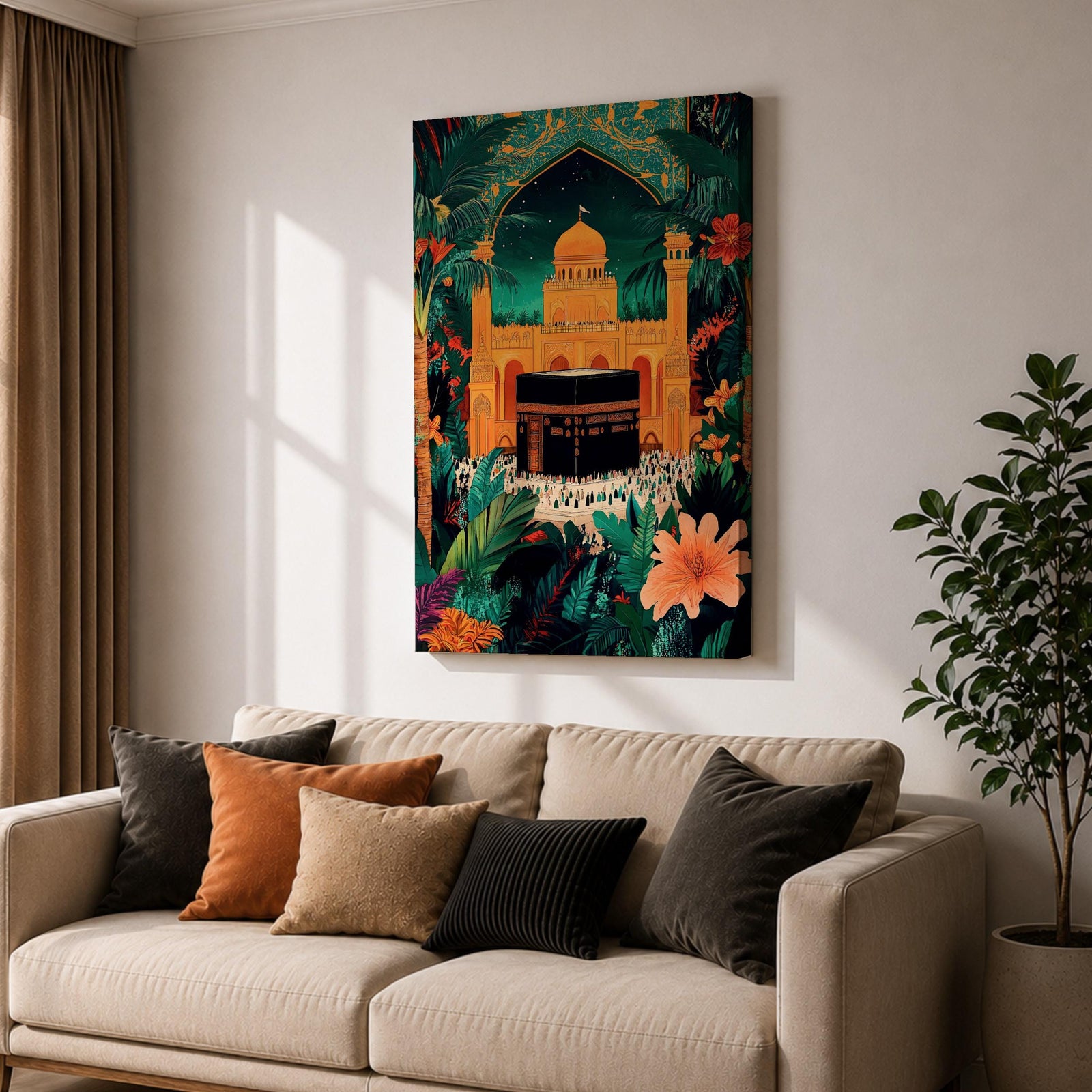 Colorful illustration of the Kaaba at Masjid al-Haram in Mecca framed by a tropical archway with lush palm leaves and flowers under a starry night sky, with pilgrims gathered around the sacred black Kaaba and a golden mosque rising behind it.