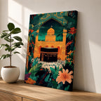 Colorful illustration of the Kaaba at Masjid al-Haram in Mecca framed by a tropical archway with lush palm leaves and flowers under a starry night sky, with pilgrims gathered around the sacred black Kaaba and a golden mosque rising behind it.