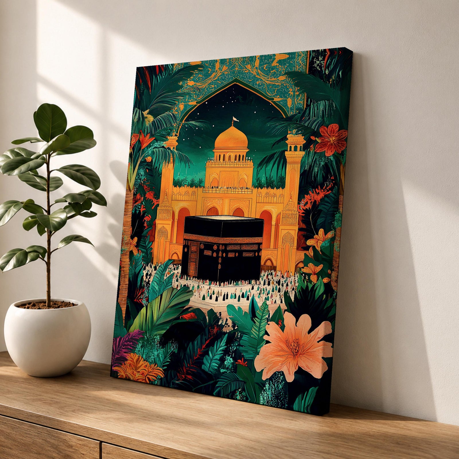 Colorful illustration of the Kaaba at Masjid al-Haram in Mecca framed by a tropical archway with lush palm leaves and flowers under a starry night sky, with pilgrims gathered around the sacred black Kaaba and a golden mosque rising behind it.