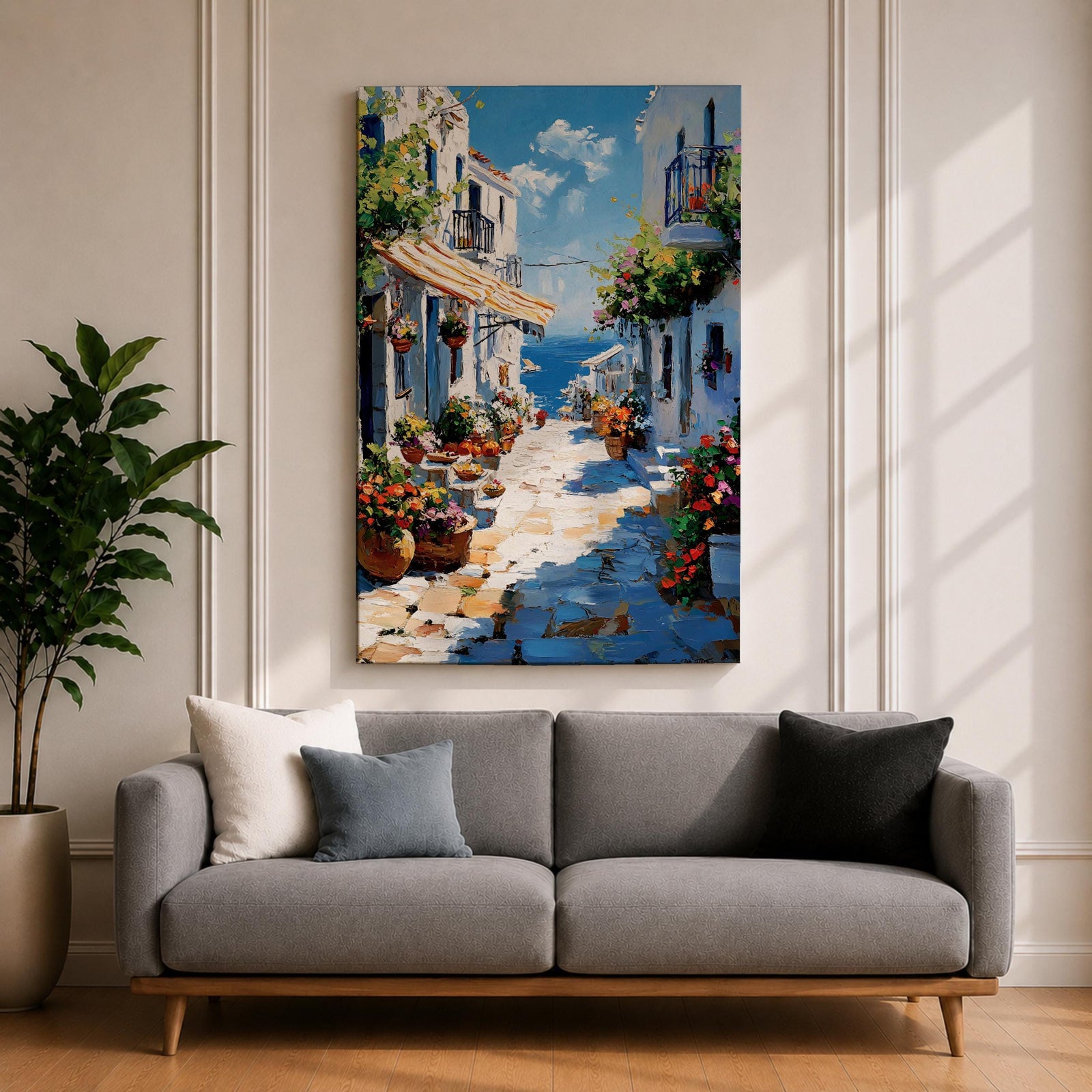 An impasto style painting depicting a charming Greek island village street with whitewashed buildings, colorful flowers in pots, balconies, and a view of the blue sea under a partly cloudy sky. The textured brushstrokes create a vivid Mediterranean coastal atmosphere.