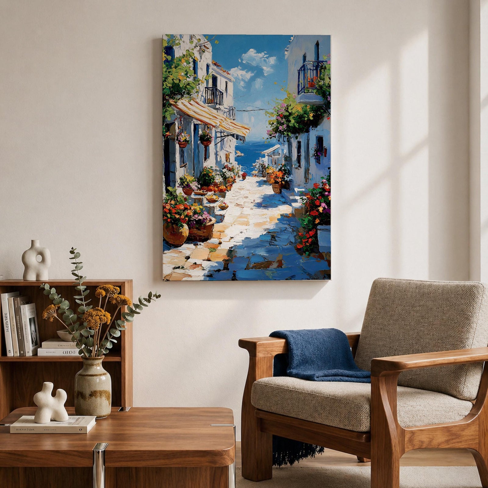 An impasto style painting depicting a charming Greek island village street with whitewashed buildings, colorful flowers in pots, balconies, and a view of the blue sea under a partly cloudy sky. The textured brushstrokes create a vivid Mediterranean coastal atmosphere.