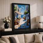 An impasto style painting depicting a charming Greek island village street with whitewashed buildings, colorful flowers in pots, balconies, and a view of the blue sea under a partly cloudy sky. The textured brushstrokes create a vivid Mediterranean coastal atmosphere.