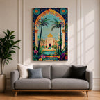 Colorful illustration of Masjid Al-Aqsa with a golden dome framed by a vibrant floral archway and tropical palm trees, surrounded by lush garden plants and decorative patterns leading to the mosque courtyard.