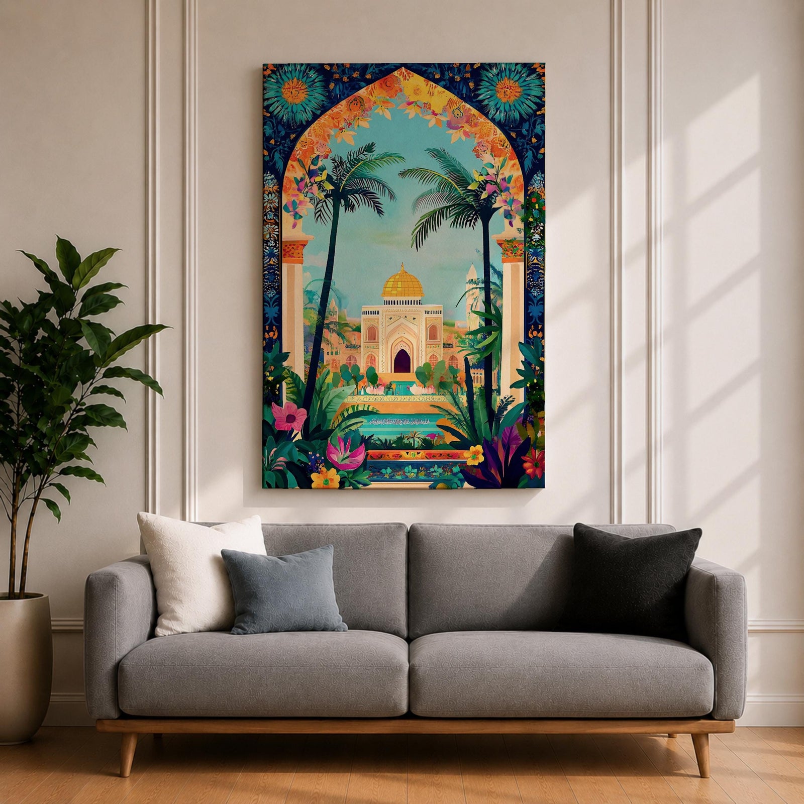 Colorful illustration of Masjid Al-Aqsa with a golden dome framed by a vibrant floral archway and tropical palm trees, surrounded by lush garden plants and decorative patterns leading to the mosque courtyard.