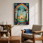 Colorful illustration of Masjid Al-Aqsa with a golden dome framed by a vibrant floral archway and tropical palm trees, surrounded by lush garden plants and decorative patterns leading to the mosque courtyard.