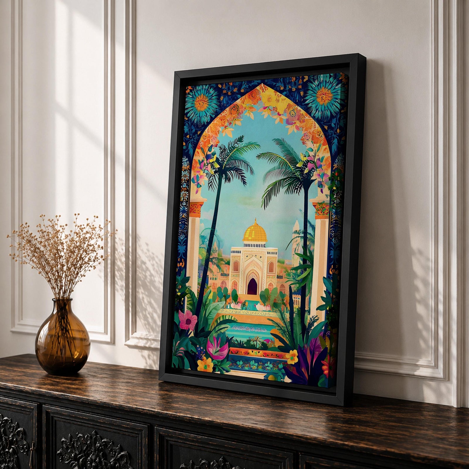 Colorful illustration of Masjid Al-Aqsa with a golden dome framed by a vibrant floral archway and tropical palm trees, surrounded by lush garden plants and decorative patterns leading to the mosque courtyard.