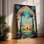 Colorful illustration of Masjid Al-Aqsa with a golden dome framed by a vibrant floral archway and tropical palm trees, surrounded by lush garden plants and decorative patterns leading to the mosque courtyard.