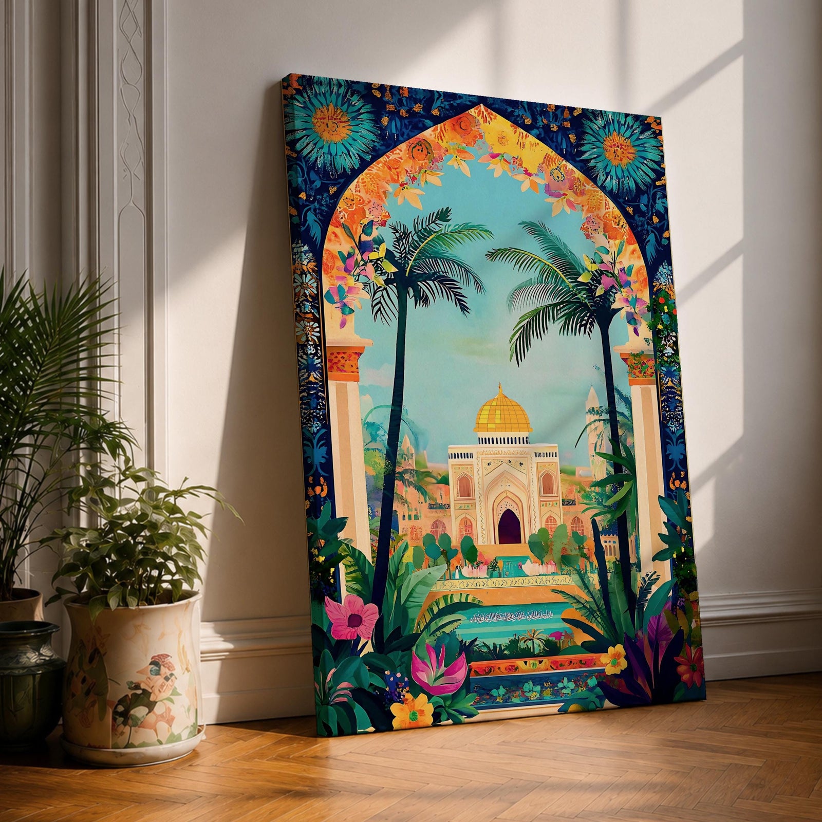 Colorful illustration of Masjid Al-Aqsa with a golden dome framed by a vibrant floral archway and tropical palm trees, surrounded by lush garden plants and decorative patterns leading to the mosque courtyard.