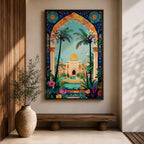 Colorful illustration of Masjid Al-Aqsa with a golden dome framed by a vibrant floral archway and tropical palm trees, surrounded by lush garden plants and decorative patterns leading to the mosque courtyard.