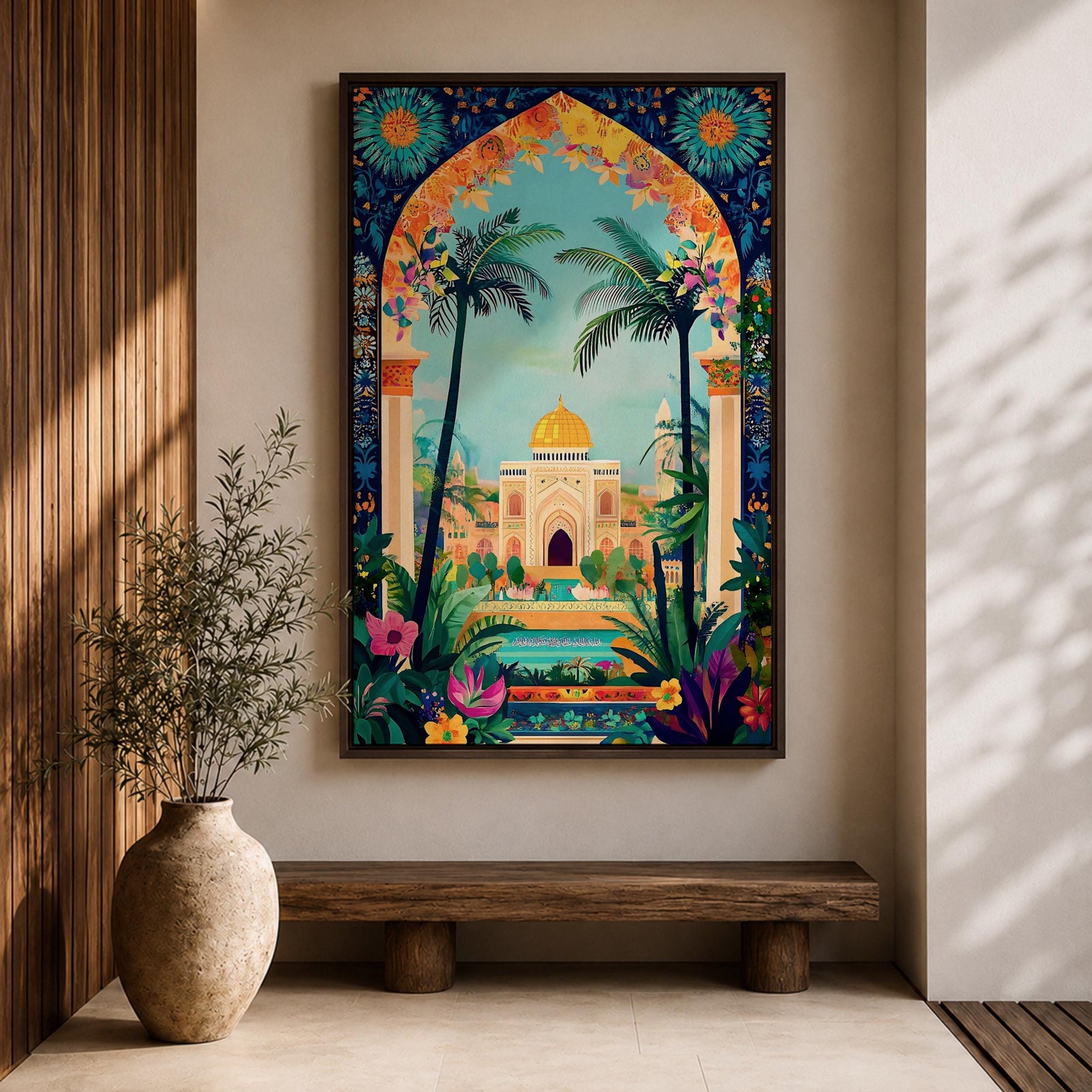 Colorful illustration of Masjid Al-Aqsa with a golden dome framed by a vibrant floral archway and tropical palm trees, surrounded by lush garden plants and decorative patterns leading to the mosque courtyard.