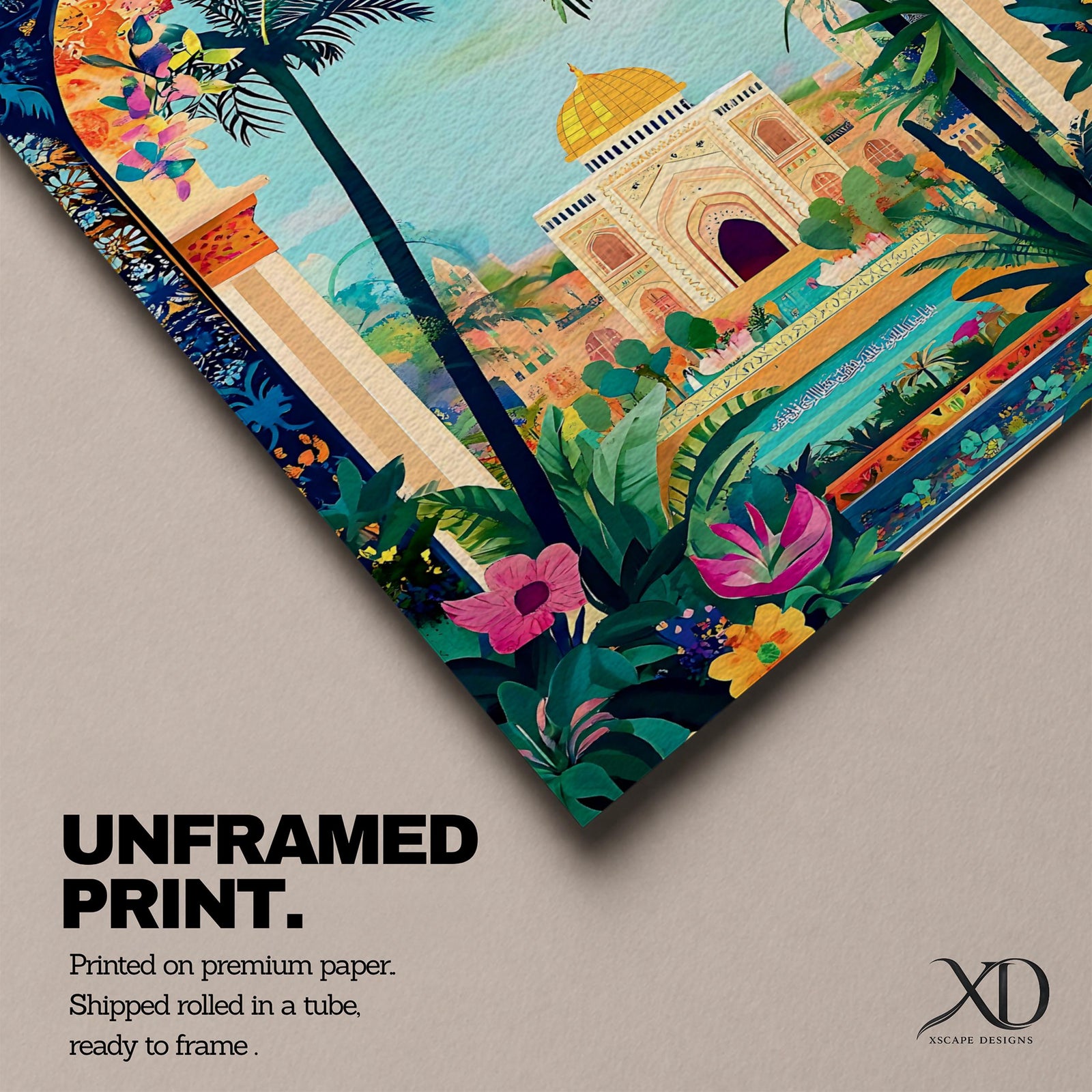 Colorful illustration of Masjid Al-Aqsa with a golden dome framed by a vibrant floral archway and tropical palm trees, surrounded by lush garden plants and decorative patterns leading to the mosque courtyard.