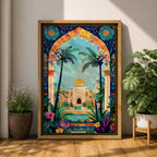 Colorful illustration of Masjid Al-Aqsa with a golden dome framed by a vibrant floral archway and tropical palm trees, surrounded by lush garden plants and decorative patterns leading to the mosque courtyard.