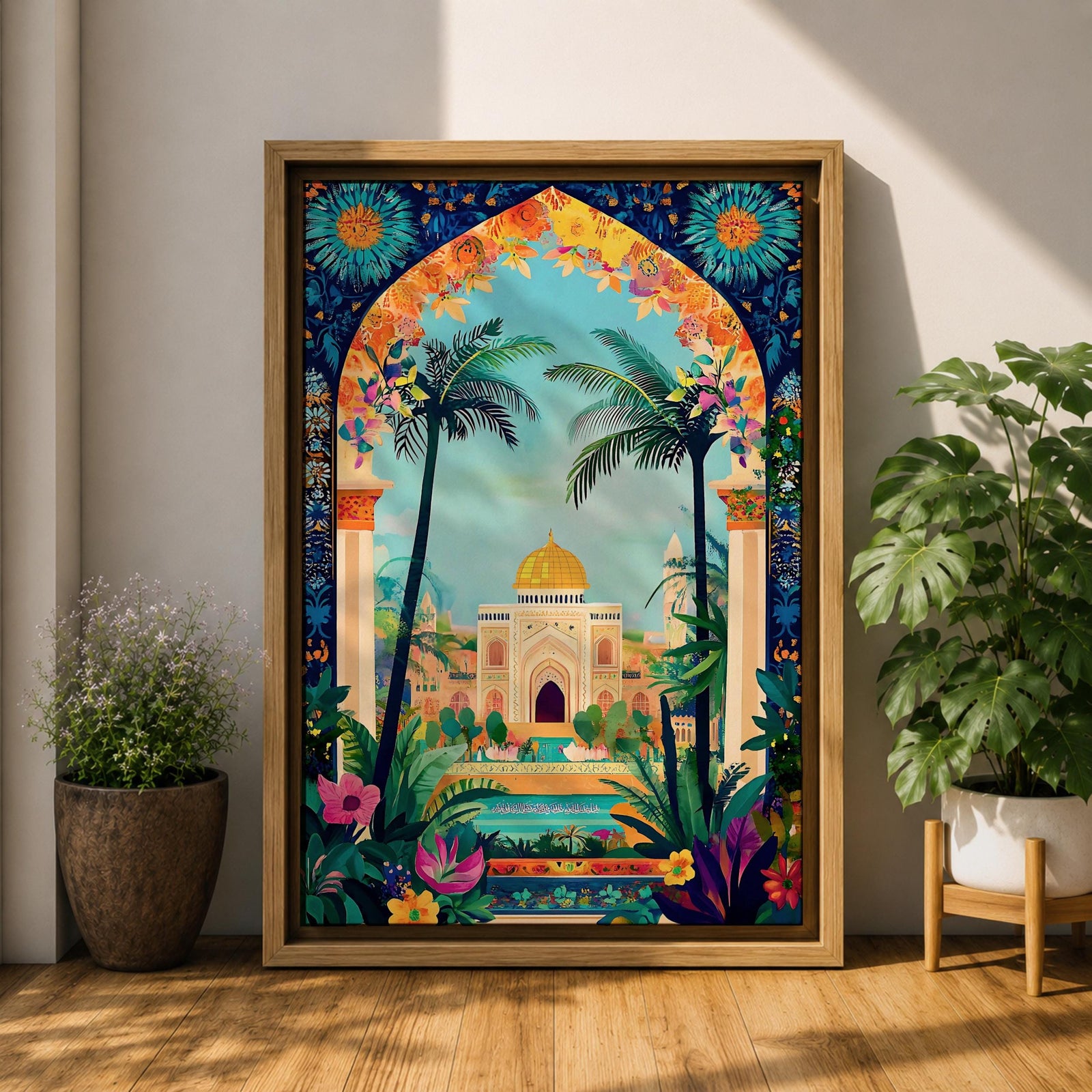 Colorful illustration of Masjid Al-Aqsa with a golden dome framed by a vibrant floral archway and tropical palm trees, surrounded by lush garden plants and decorative patterns leading to the mosque courtyard.
