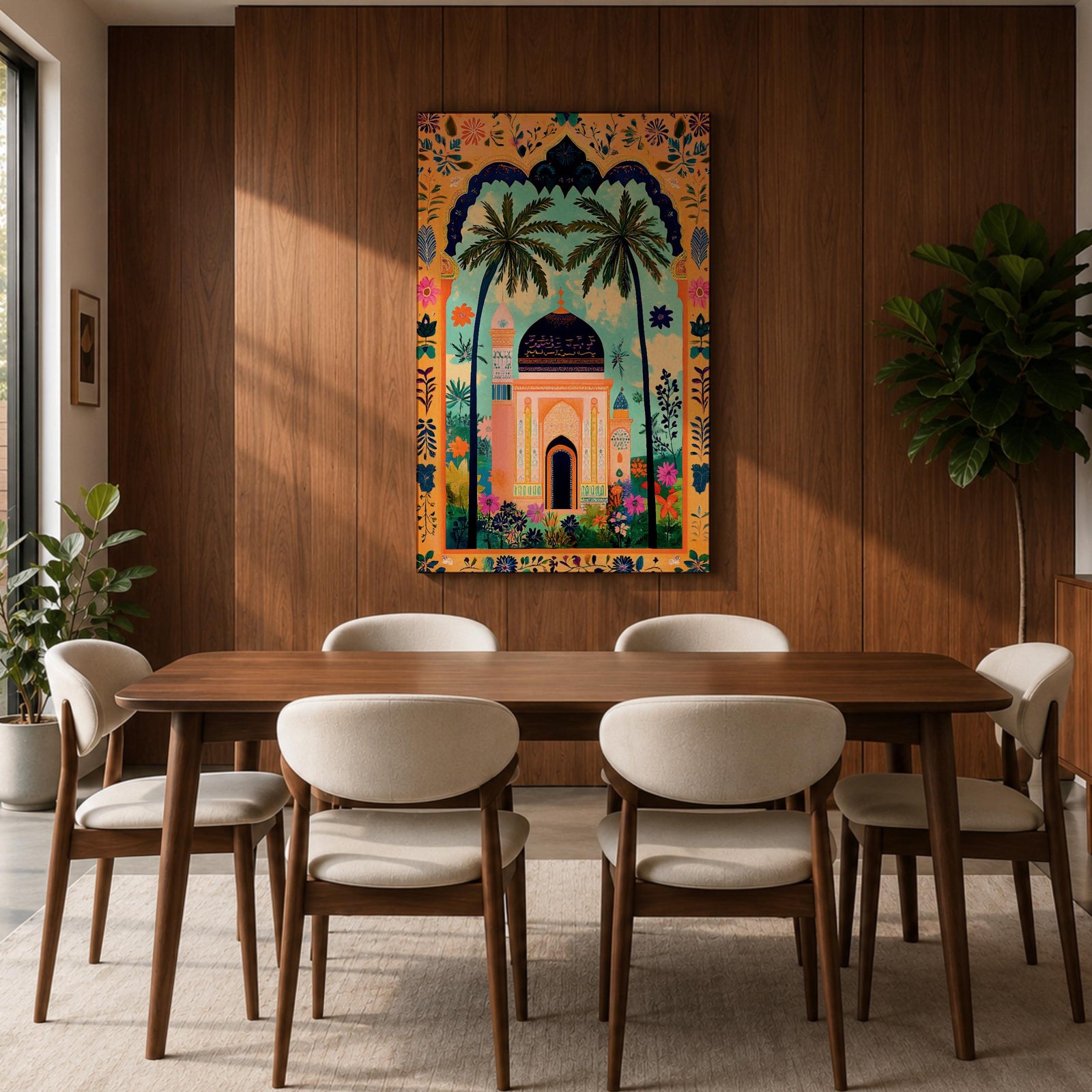 Colorful illustration of an Islamic mosque with a dark blue dome framed by tall palm trees and a decorative archway filled with floral patterns and tropical plants surrounding a peaceful garden courtyard.