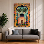 Colorful illustration of an Islamic mosque with a dark blue dome framed by tall palm trees and a decorative archway filled with floral patterns and tropical plants surrounding a peaceful garden courtyard.