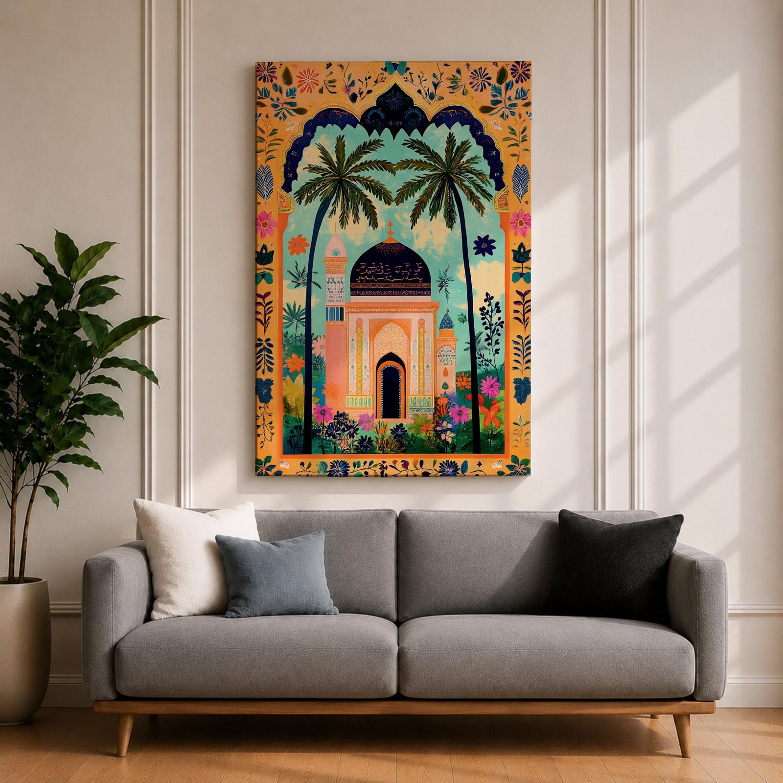 Colorful illustration of an Islamic mosque with a dark blue dome framed by tall palm trees and a decorative archway filled with floral patterns and tropical plants surrounding a peaceful garden courtyard.