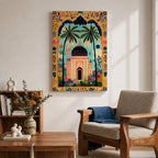 Colorful illustration of an Islamic mosque with a dark blue dome framed by tall palm trees and a decorative archway filled with floral patterns and tropical plants surrounding a peaceful garden courtyard.