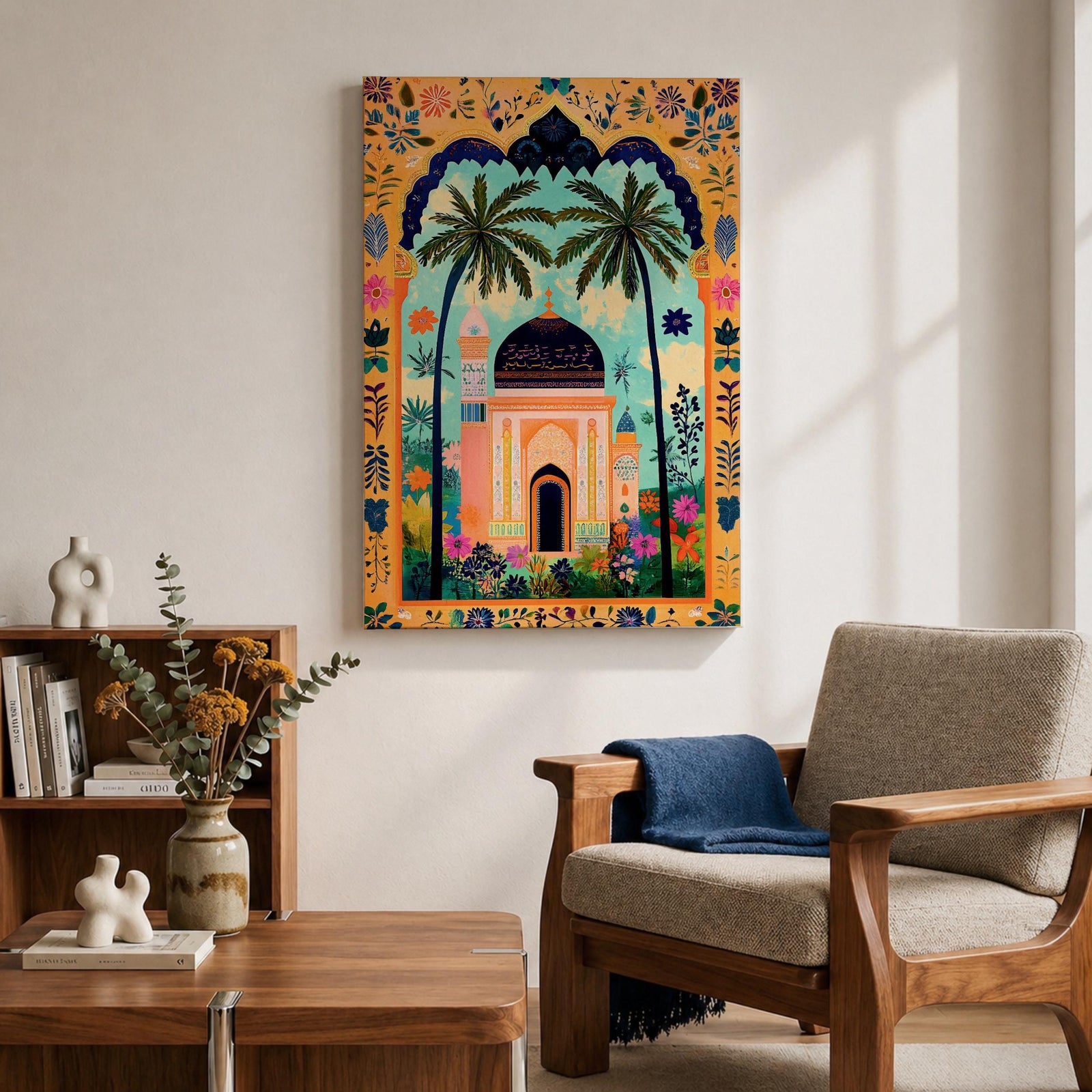 Colorful illustration of an Islamic mosque with a dark blue dome framed by tall palm trees and a decorative archway filled with floral patterns and tropical plants surrounding a peaceful garden courtyard.